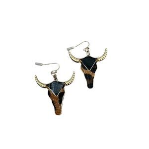 Boho Western Leopard Print Fur Texture Black Gold Bull Head Dangle Earrings